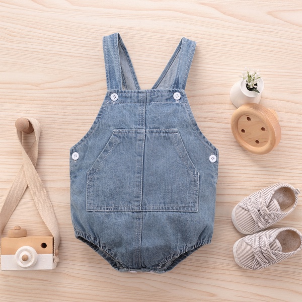 Baby Solid Denim Suspender Rompers