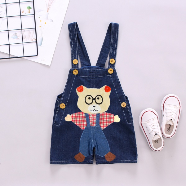 Bear Embroidered Denim Suspender Shorts (no shoes)