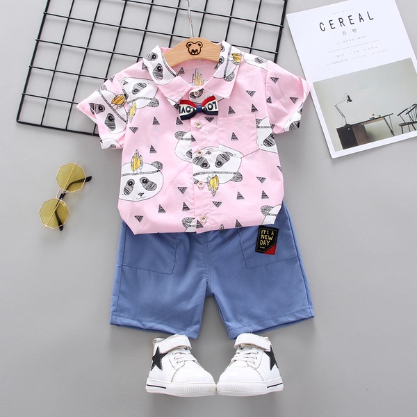 Panda Print Short-sleeve Shirt and Denim Pants Set