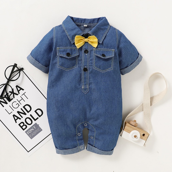 Baby Gentleman Bow Tie Denim Jumpsuits