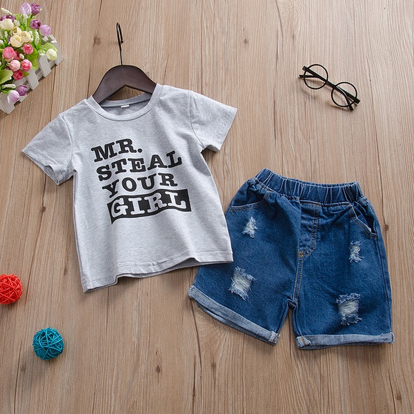 Letter Print Short-sleeve Tee and Denim Shorts Set