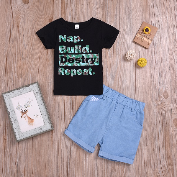 Letter Print Short-sleeve Tee and Denim Shorts Set