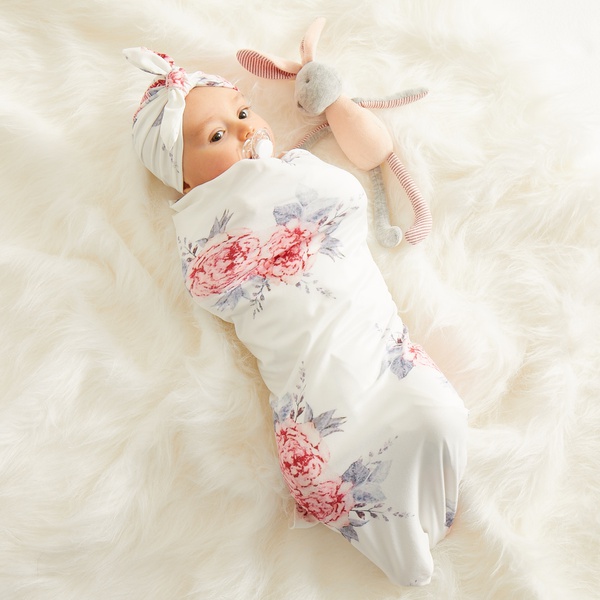 Floral Print Baby Swaddle and Hat Set