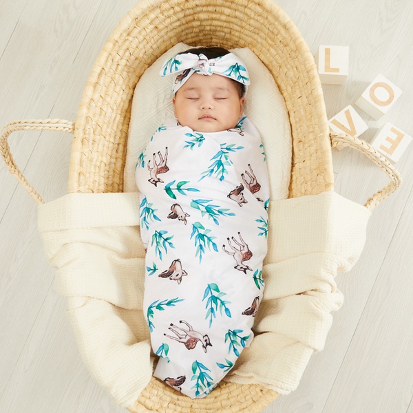 Deer Print Blanket Swaddle and Headband Set