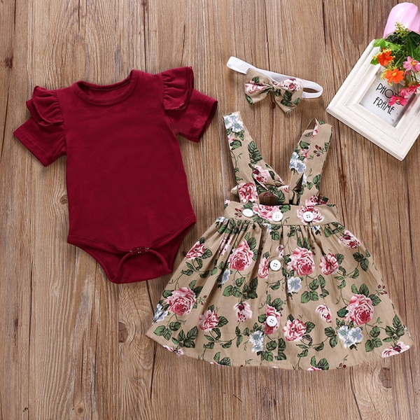 Ruffle Romper Buttons Decor Floral Dress and Headband Set