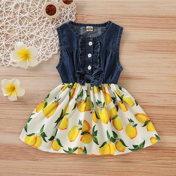 Baby / Toddler Lemon Print Denim Splice Dress