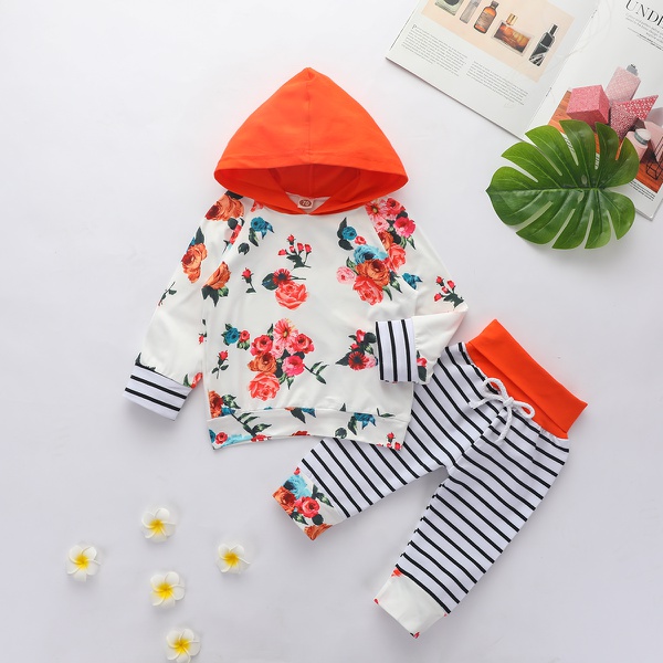 Baby Girl Pretty Floral Print Hoodie and Striped Pants Set