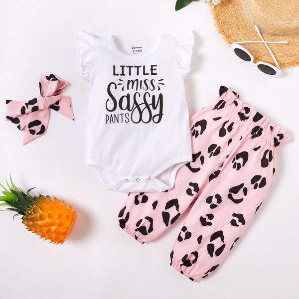 Baby Girl Letter Print Romper and Leopard Pants Set