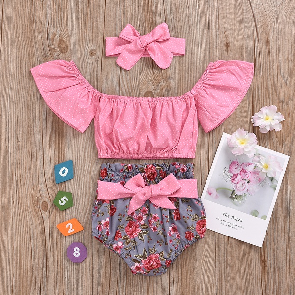 Baby Girl Dots Print Top and Floral Shorts Set with Headband