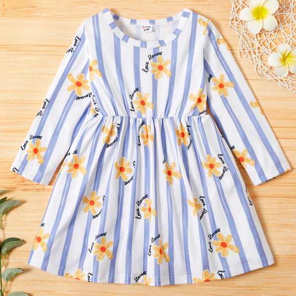 Toddler Girl Floral Print Striped Ruffle Long-sleeve Dress