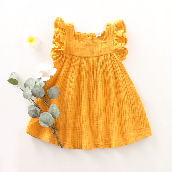 Sweet Solid Square Neck Flutter-sleeve Dress for Girls