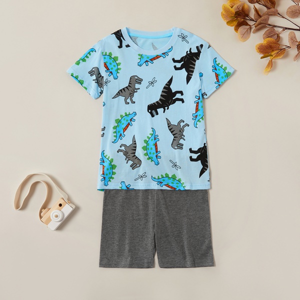 Trendy Cartoon Dinosaur Top and Solid Shorts