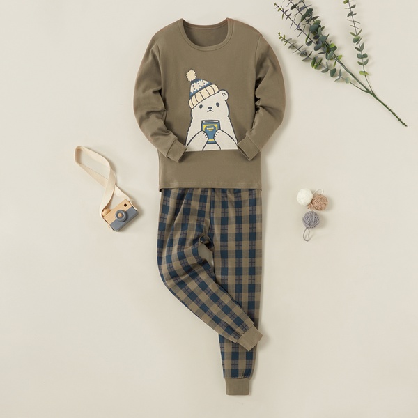 Fashionable White Bear Print Tee and Plaid Pants Set