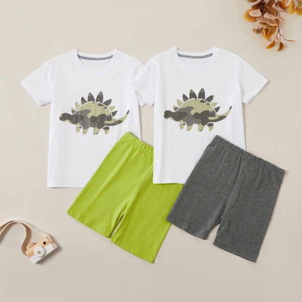 Trendy Cartoon Dinosaur Top and Solid Shorts