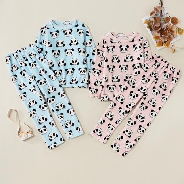 Fashionable Panda Allover Print Flannel Sweatshirt and Pants Sets