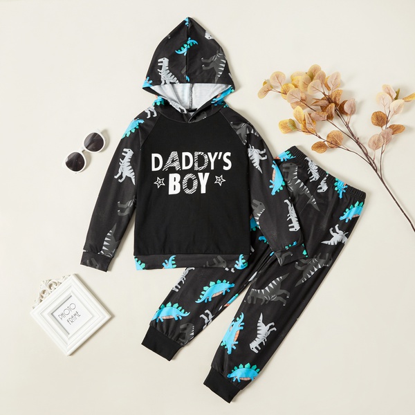 Fashionable Dinosaur Letter Allover Print Hooded Sweatshirt and Pants Set