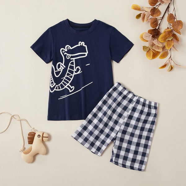 Fashionable Dinosaur Tee and Plaid Shorts Set