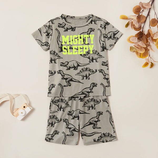 Trendy Letter Dinosaur Print Allover Tee and Shorts Set