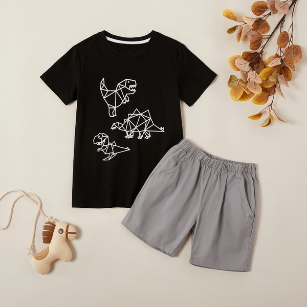 Stylish Dinosaur Print Tee and Solid Pants Set