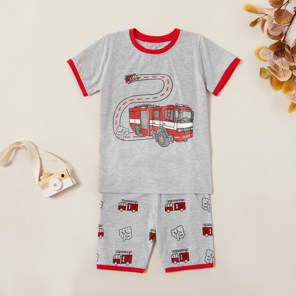 Trendy Cartoon Car Print Tee and Allover Shorts Set