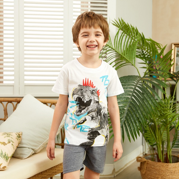 Trendy Cartoon Dinosaur Top and Solid Shorts