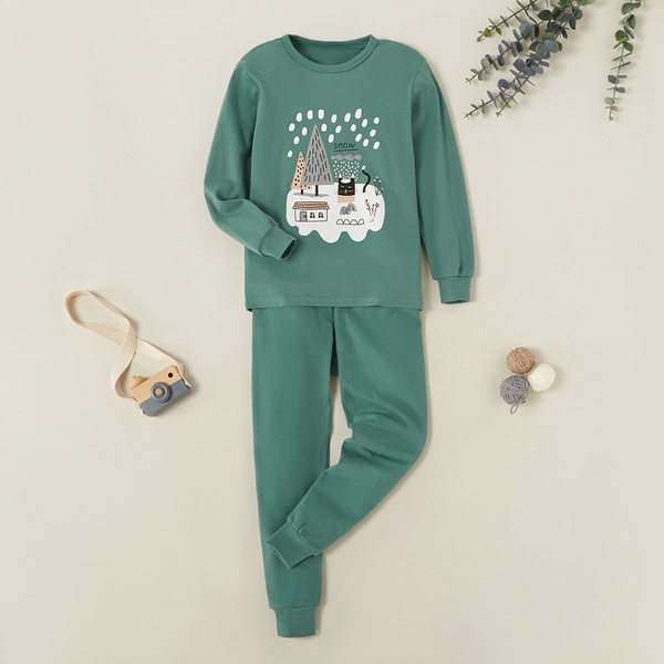 Fashionable Cartoon Winter Snow Cat Print Long-sleeve Tee and Solid Pants Set