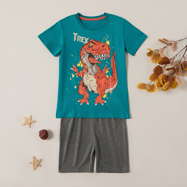 Trendy Cartoon Dino Short-sleeve Top and Solid Shorts Set