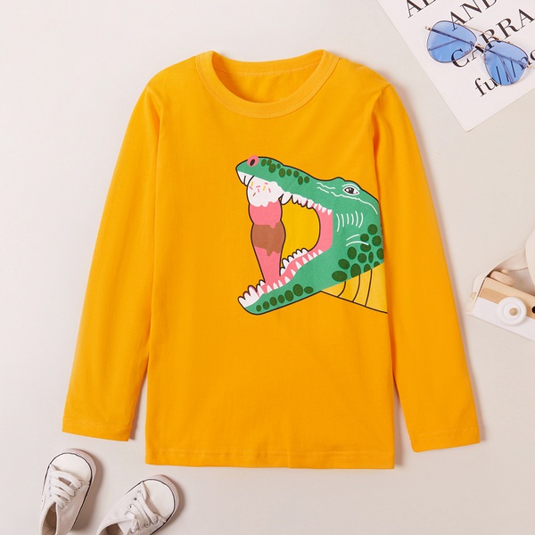 Trendy Cartoon Crocodile Print Long-sleeve Tee