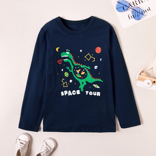 Trendy Cartoon Dinosaur Space Print Long-sleeve Tee