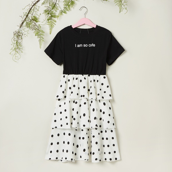 Pretty Letter Print Polka Dots Short-sleeve Layered Dress