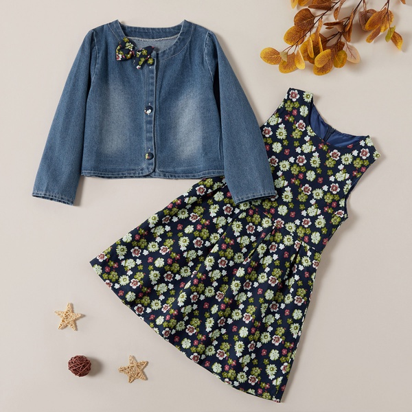 Sweet Flower Allover Dress and Denim Coat Set