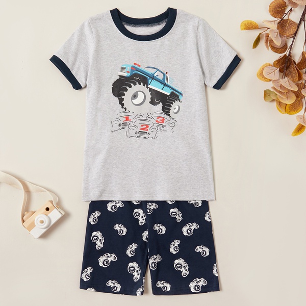 Trendy Cartoon Car Print Tee and Allover Shorts Set