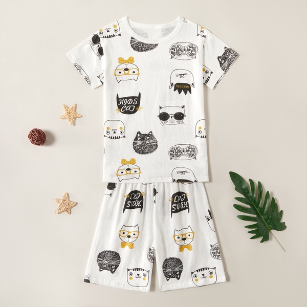 Stylish Cartoon Animal Cat Top and Shorts Set