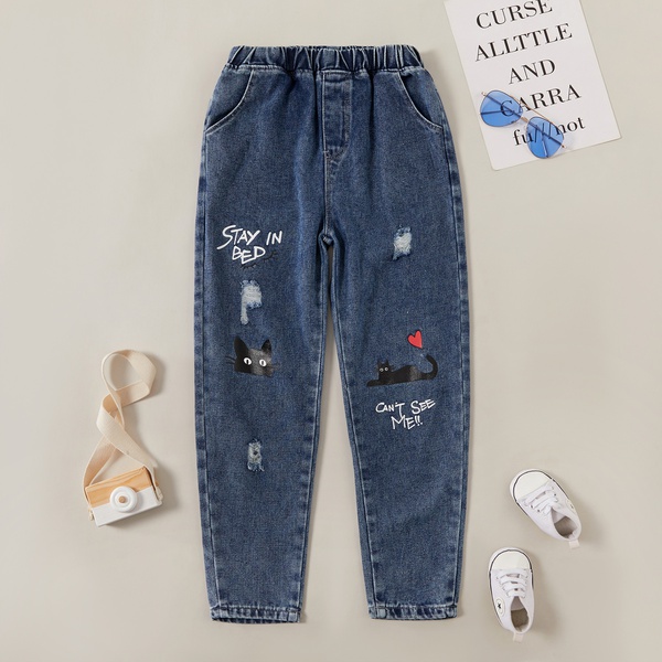 Stylish Cat Print Straight Cut Jeans