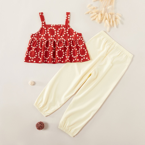 Trendy Polka Dots Print Allover Tank and Solid Pants Set