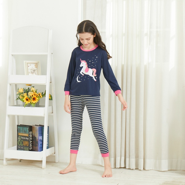 Fashionable Unicorn Moon Stars Print Long-sleeve Tee and Striped Pants Set