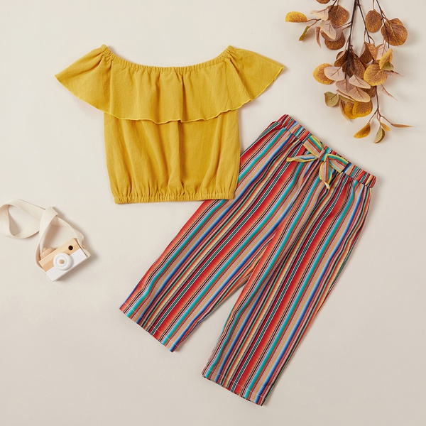 Pretty Solid Flounced Collar Top and Striped Pants Set