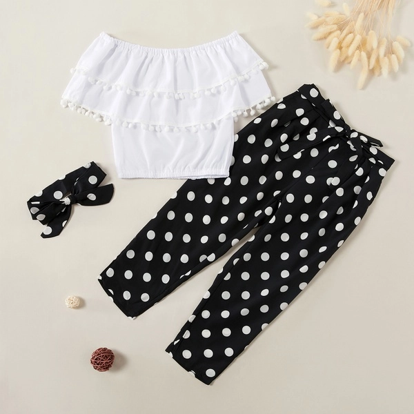 Fashionable Ruffle Collar Top and Polka Dots Pants Set