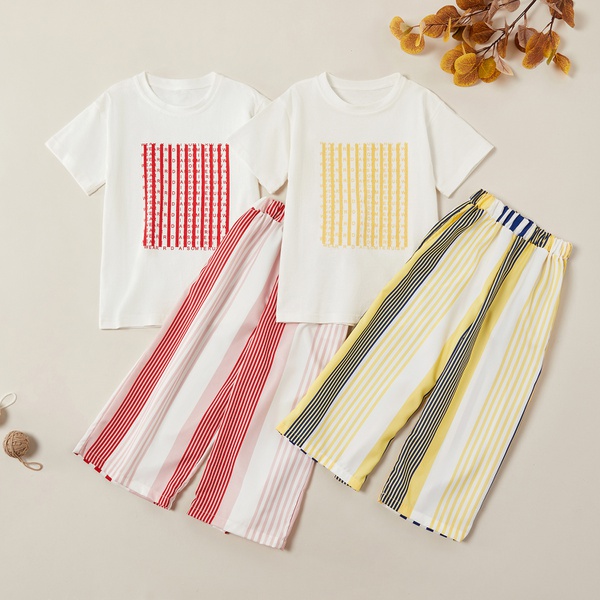 Pretty Plaid Print Tee and Striped Pants Sets