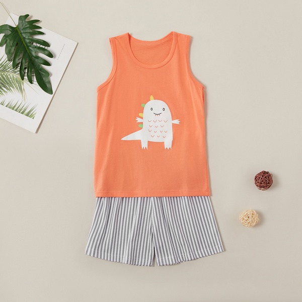 Stylish Cartoon Dinosaur Print Top and Striped Shorts Set