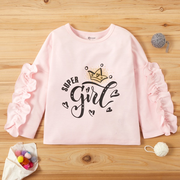 Fashionable Letter Print Ruffle-sleeve Long-sleeve Tee