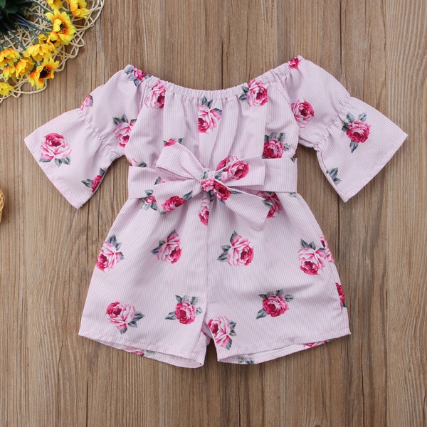 Toddler Girls Striped Floral Print Bow Romper