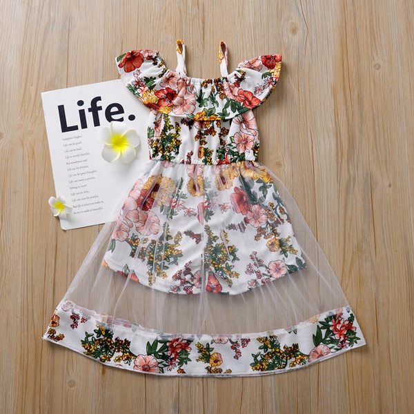 Baby / Toddler Girl Pretty Floral Allover Off Shoulder Tulle Jumpsuit