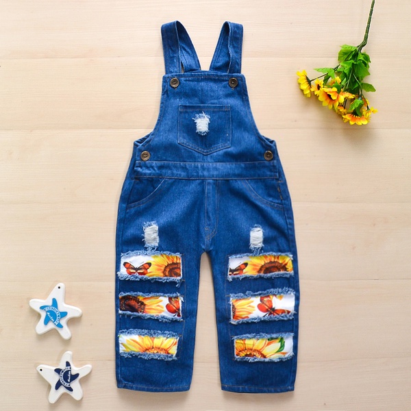 Baby / Toddler Girl Sunflower Print Splice Denim Overalls