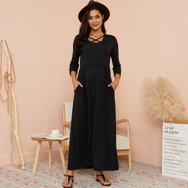 Maternity V-neck Plain Maxi H Long-sleeve Dress