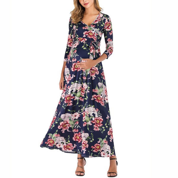 ternity Deep V Neck Floral full print Maxi A Long-sleeve Dress