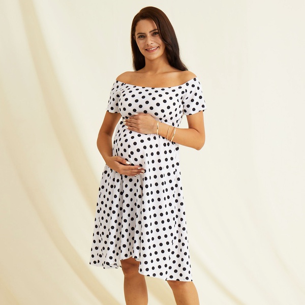 Trendy Dotted Off Shoulder Maternity Dress