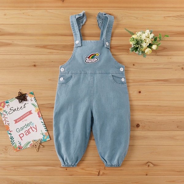 Baby / Toddler Girl Rainbow Pattern Letter Print Ruffled Denim Overall