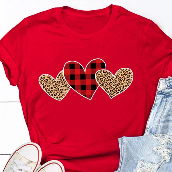 Round collar Heart-shaped Litooffset print Short Sleeve casual T-shirt