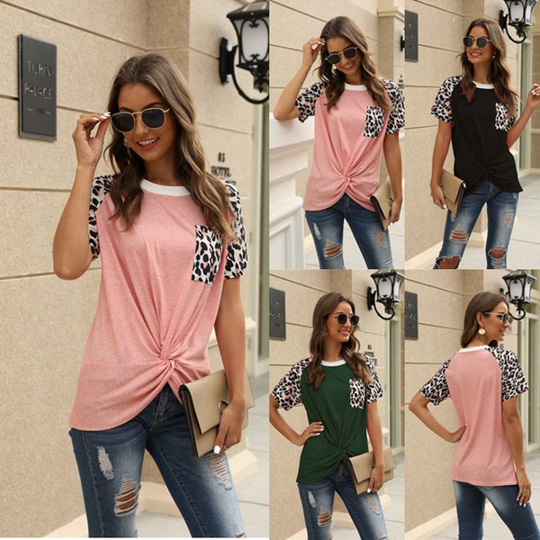 Fashionable Leopard Splice Short-sleeve Knot Tee